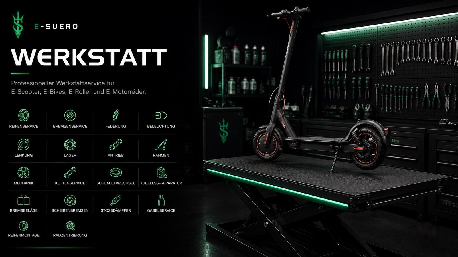 E-Suero Werkstatt — Professioneller Werkstattservice für E-Scooter, E-Bikes, E-Roller und E-Motorräder.